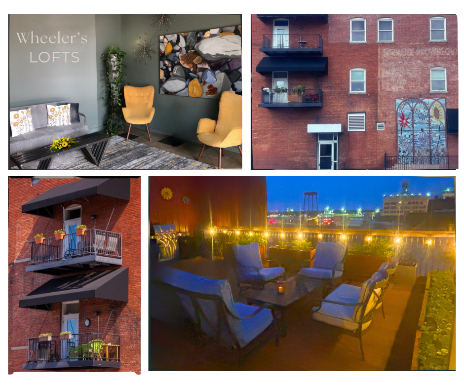 Collage of the inside and outside of Wheeler's lofts, including beautiful modern decor and a rooftop patio