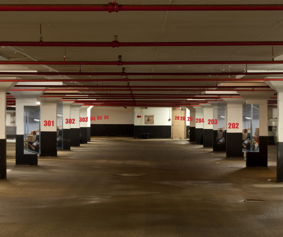 Parking garage with dedicated storage for each loft.